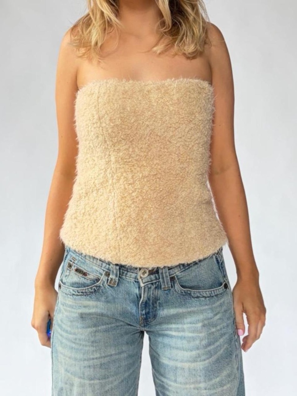 Zara Cream Fuzzy Strapless Crop Top